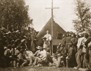Peder Thomas H. Mooney pazar ayinine liderlik ediyor, 69. New York Piyade Alayı, 1861 (fotogravür)