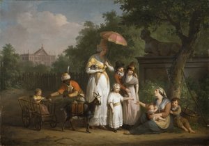 Soylu bir aile bir parkta sadaka dağıtıyor - Bree, Mathieu Ignace van (1773-1839) tarafından Parkta Sadaka Dağıtan Soylu Bir Aile. ahşap üzerine yağ