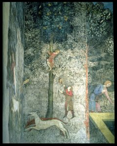 Av köpekleri ve ağaca tırmanan erkekler, La Chambre du Cerf Geyik Odası 1347 freskinden dekoratif şemanın detayı