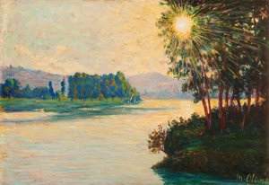 Nehirde yükselen güneş (panelde yağ) by Matteo Pietro Olivero