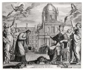Robert de Sorbon (1201-94) ve Kardinal Richelieu (1575-1642), Sorbonne Önünde, Gregoire Huret (1606-70) 1639 tarafından oyulmuş
