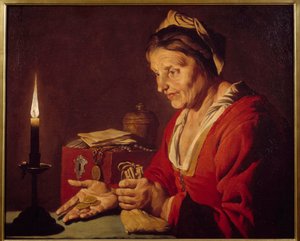 Hırs - Yaşlı bir kadın, saklandığı yerden yeni çıktığı altın paralarına bir mum ışığında bakar - Resim yapan Mathias Stomer (Matthias Stom) (1600-1650) Ec Flam