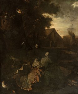 Bir ispinoz, kırlangıç, diğer kuşlar ve kelebekler ile orman zemini natürmort, ötesinde bir çiftlik evi ile manzara by Matthias Withoos