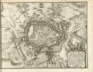 Beleg van Bergen, 1709 Mons Müstahkem Şehir Haritası (...) Alliez Askerleri tarafından kuşatıldı. Orange Prensi'nin komutası altında (...) (nesne üzerindeki başlık)