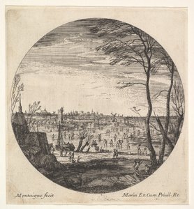Yuvarlak bir kompozisyonda donmuş bir su kütlesi üzerinde artistik buz pateni yapan kış manzarası..., ca. 1625-60. by Matthijs van Plattenberg