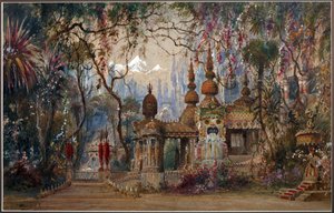 Ruslan ve Lyudmila operası için sahne tasarımı M. Glinka par Shishkov, Matvei Andreyevich (1832-1897). Kağıt üzerine kalem, fırça, sulu boya, mürekkep ve beyaz renk