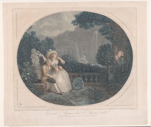 Uyuyan bir adam ve gözetleyen bir adamla bahçe Quand l'Hymen dort, l'Amour veille (nesnedeki başlık) by Mauclerc