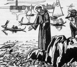 Maurice Denis tarafından çizildikten sonra Jacques Beltrand tarafından oyulmuş, Rimini'de balıklara vaaz veren Assisi'li St Francis by Maurice (after) Denis