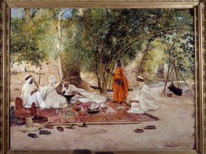 Oryantalizm: ““misafirperverlik yemeği””” Cezayir, Biskra yakınlarındaki Chelma vahasındaki Arap yaşamından bir sahne. Tablo Maurice Bompard (1857-1936) 1891 Marsilya, Musee des Beaux Arts