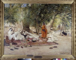 Misafirperver yemeği. Cezayir, Biskra yakınlarındaki Chelma vahasındaki Arap yaşamından bir sahne. Maurice Bompard