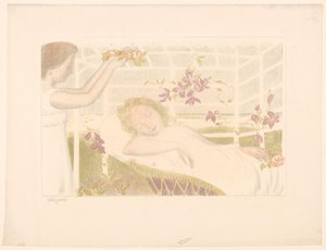 Uyuyan kız çiçek çelenk alır Alegori (nesne üzerindeki başlık) Aşkın temsilleri (dizi adı) Amour (dizi adı) by Maurice Denis