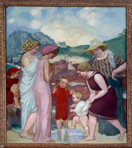 İlk adımlar. Genç bir çocuk annesinin ve ailesinin önünde ilk adımlarını atıyor. by Maurice Denis