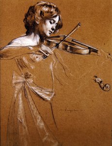 Göğüsleri Çıplak Keman Çalan Genç Kız by Maurice Langaskens