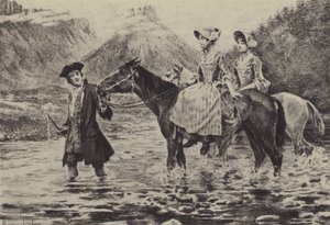 Jean-Jacques Rousseau iki genç kadının bir dereyi geçmesine yardım ediyor (gravür) by Maurice Leloir