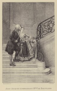 Jean-Jacques Rousseau, Madame de Boufflers'ı öperken (gravür) by Maurice Leloir