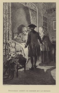 Rousseau kendisini tehdit eden tehlikeye karşı uyardı (gravür) by Maurice Leloir