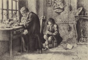 Babası çalışırken okuyan genç Jean-Jacques Rousseau (gravür) by Maurice Leloir