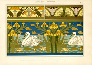 Kuğular, Böcekler ve İris ile Dekoratif Bordürler (taş baskı) by Maurice Pillard Verneuil