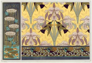 Duvar kağıdı kenarlığı, kumaş ve panel için tasarım: Dragonflies, Waterlillies ve Flowering Rush, pub.