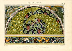 Dekoratif Art Nouveau Kompozisyonu Olarak Tavus Kuşu ve Tavşan Motifleri (lito)