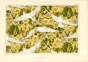 Beyaz Güvercinli ve Zambaklı Tekstil Deseni (taş baskı) by Maurice Pillard Verneuil