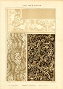 Horoz, Denizatı ve Kertenkeleli Üç Parçalı Hayvan Süslemesi (taş baskı) by Maurice Pillard Verneuil