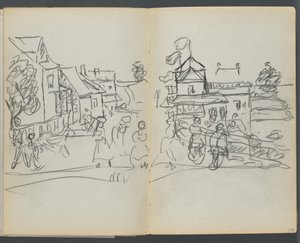 Eskiz defteri, The Dells, N° 127, sayfa 174  175: Evler ve Yol ile Köy by Maurice Prendergast