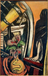 Atölye (gece). Bir teleskop ve örtülü bir figür ile natürmort by Max Beckmann