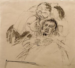 Hasta bir kişinin üzerine eğilmiş hemşire ve erkek figürü by Max Beckmann