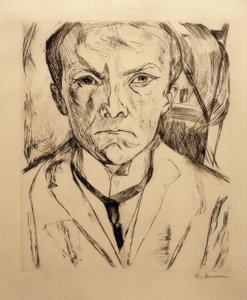 Önden otoportre, arka planda ev üçgeni by Max Beckmann
