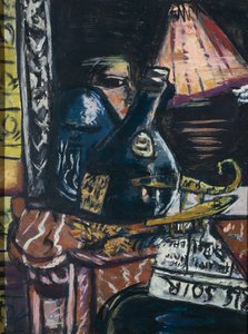 Orantısız likör şişesi ve Buda ile natürmort by Max Beckmann