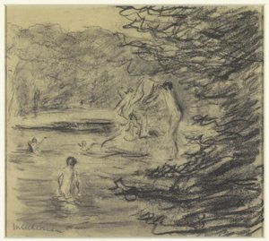Orman göletinde banyo yapan çocuklar by Max Liebermann