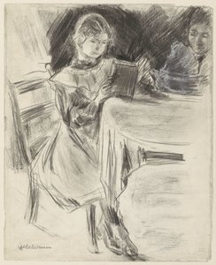Max Liebermann'ın kızı ve karısı, yuvarlak bir masada kitap okuyorlar. by Max Liebermann
