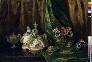 "Porselen ve çiçeklerle natürmort" (porselen ve çiçeklerle natürmort) Max Muller (1871-1938) (ec. hepsi.) Tuval üzerine yağlı boya. Mikalojus Konstantinas Ciurlionis Güzel Sanatlar Müzesi, Kaunas, Litvanya by Max Müller