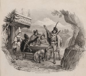 Dağlarda bir meyhanede içki içen avcılar (gravür)