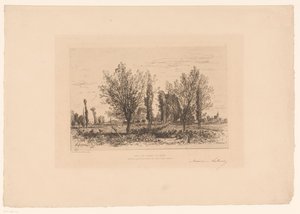 Bir çayır ve bir şehir manzarası ile manzara Dans les champs de Cenon. (nesne üzerindeki başlık) by Maxime François Antoine Lalanne (signed by artist)