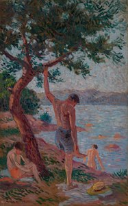 Saint-Tropez, çam ormanı altında yüzücüler by Maximilien Luce