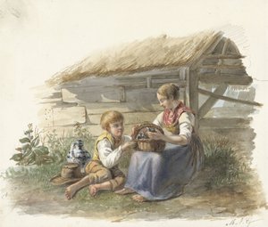 Kız ve erkek bir sepet genç kuş ile by Maximilienne Guyon