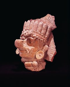 Maya mısır tanrısının başı, Oaxaca, MS 500 civarı (toprak çömlek)