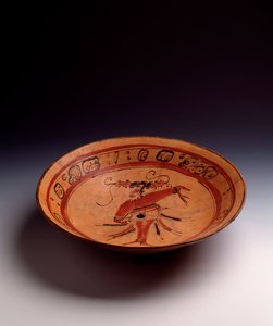 Kolomb öncesi sanat, Maya uygarlığı, klasik dönem: boyalı kilden üç ayaklı vazo. Peten, Guatemala