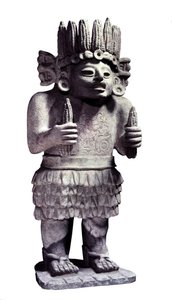 Kolomb öncesi medeniyet: Hizmetçiler tanrısını temsil eden Maya heykeli. Paris, Musee de l