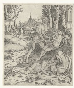 Priapus vergrijpt zich aan nimf Lotis by Meester IB met de vogel