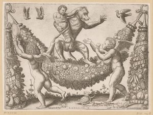 Putti bir maymunla alay ediyor Papa'nın Gobleni (dizi başlığı) Tapezzerie de Papa (nesne üzerinde dizi başlığı)