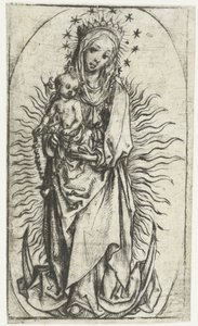Hilal ay üzerinde yıldız taç ve tespih ile Madonna