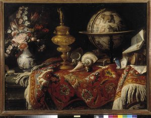Bir halı üzerinde çiçekler, astral küre, kitaplar ve altın işi vazo. Resim Meiffren Conte (veya Kont) (1630-1705) Zorunlu söz: Koleksiyon fondasyonu, Provence, Marsilya (cm 92x121) by Meiffren (c.1630 1705) Conte