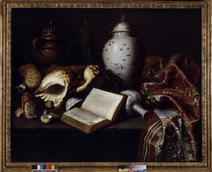 Çin vazoları, deniz kabukları, antik bronzlar, kitaplar ve halılar (tuval üzerine yağlı boya) by Meiffren (c.1630 1705) Conte