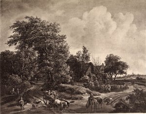 Bir ormanın kenarında çiftlik, bir araba ve atlarla birlikte by Meindert Hobbema