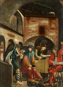 Aziz Crispinus ve Crispinianus kunduracı atölyesinde by Meister der Crispinuslegende