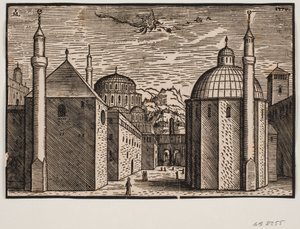 Her biri 1 minareli 3 cami; gökyüzünde uzun kuyruklu uçan bir ejderha by Melchior Lorck