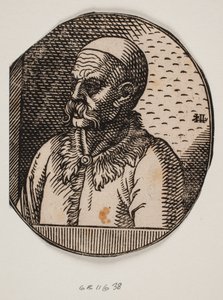 Sakallı ve kalotlu erkek büstü; 3/4 profil sola doğru by Melchior Lorck